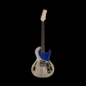 An image showing a grey and blue hand made guitar